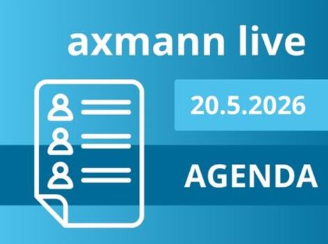 Stilisiertes Dokument-Symbol mit drei Profil-Icons und Linien; oben der Text 'axmann live', daneben das Datum '20.5.2026' und darunter das Wort 'AGENDA'.