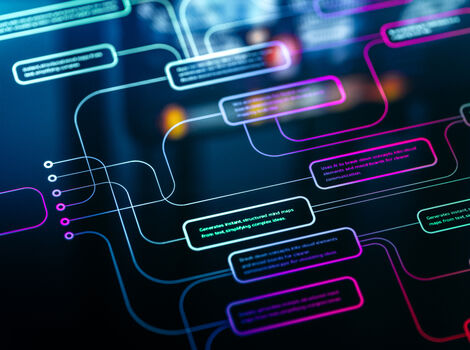 Abstrakte Nahaufnahme eines digitalen Netzwerks: Leuchtende, bunte Chat- bzw. Textblasen (Blau, Türkis, Pink) sind durch kurvige Linien miteinander verbunden, vor dunklem Hintergrund; wirkt wie eine Visualisierung von Kommunikation oder Datenfluss.